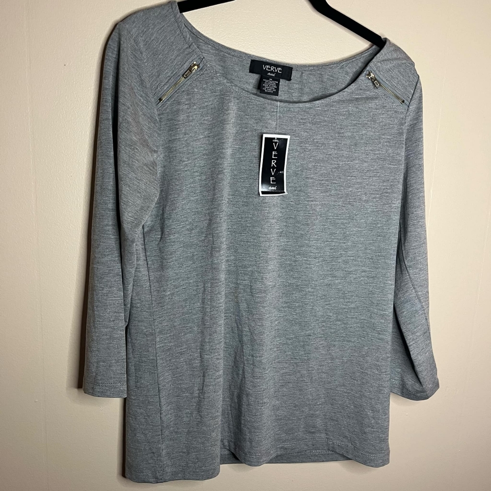 Verve Ami Drizzle Heather Zipper Shoulder Gray Blouse